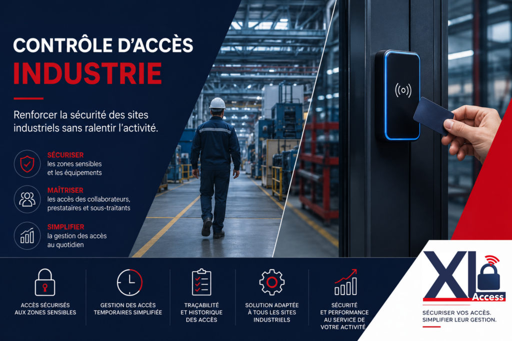 Contrôle d'accès dans l'industrie permettant de sécuriser les sites industriels, les zones sensibles et la gestion des accès des collaborateurs et prestataires.