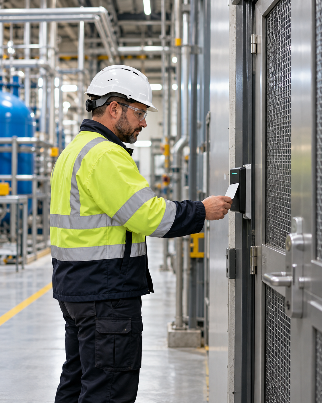 Responsable de site industriel contrôlant les accès dans un environnement technique sécuriséResponsable de site industriel contrôlant les accès dans un environnement technique sécurisé