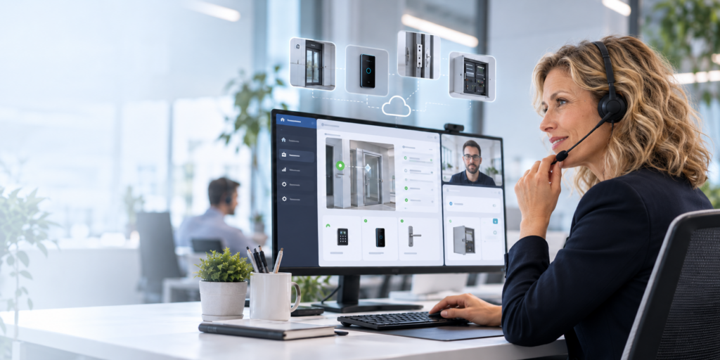 Conseillère en assistance à distance accompagnant un client pour le diagnostic et la gestion d’un système de contrôle d’accès.