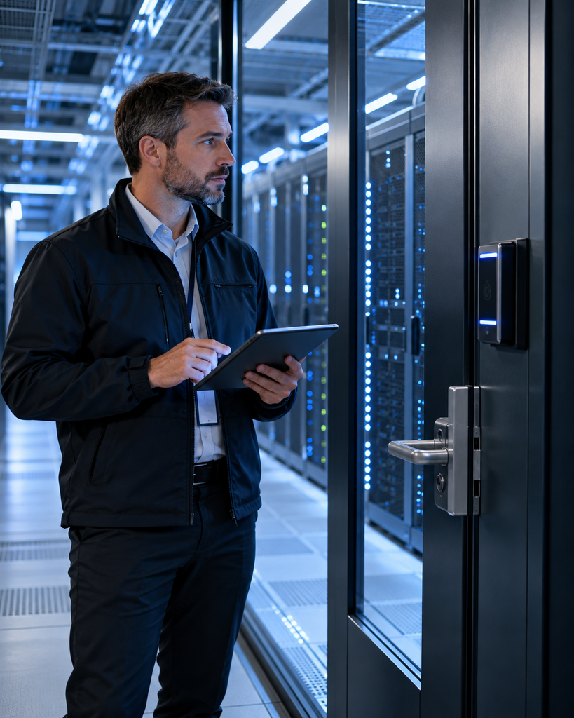 Responsable sécurité contrôlant les accès d’un data center à l’aide d’une tablette.