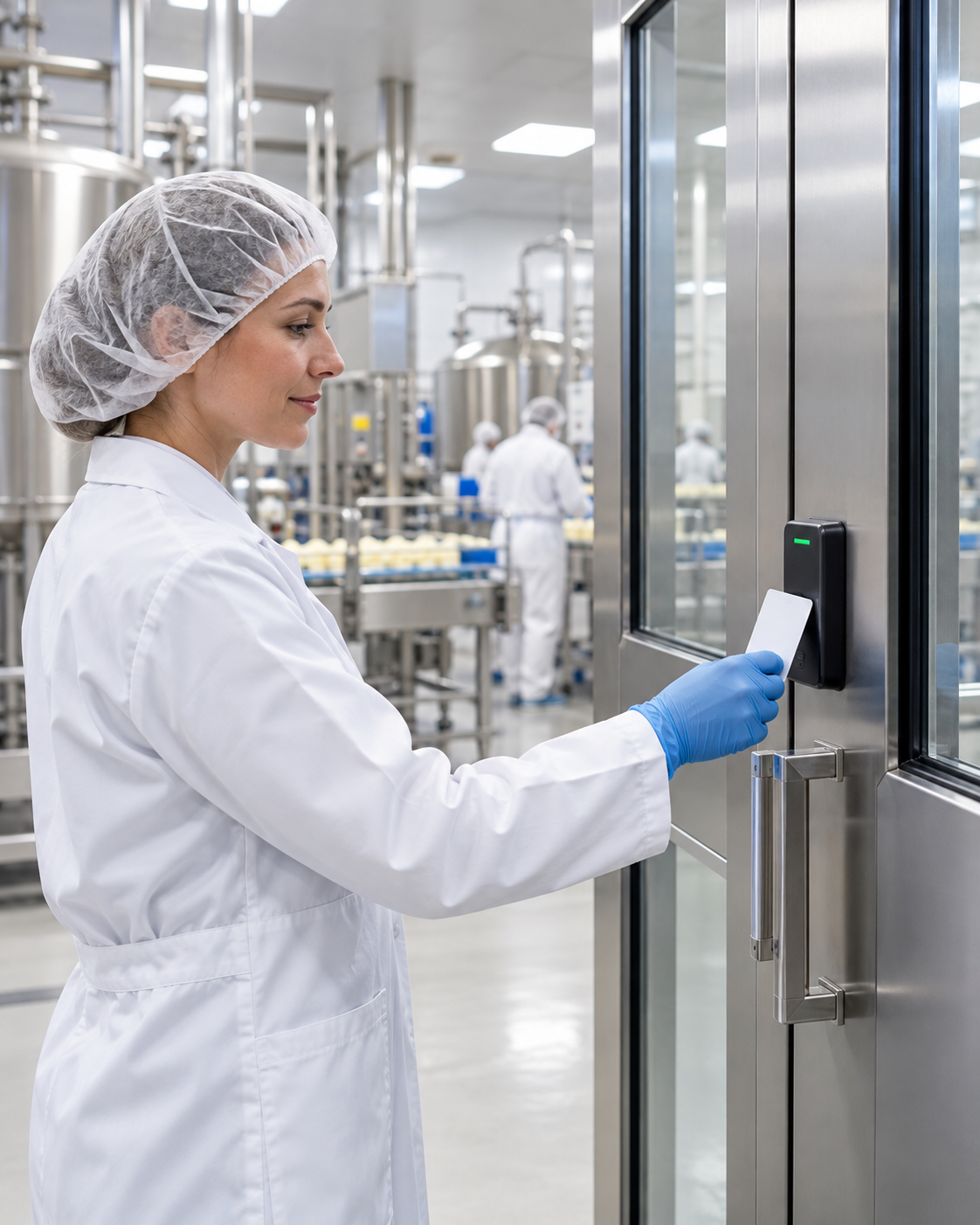 Gestionnaire immobilier pilotant les accès d’une résidence collective depuis une tablette Opératrice utilisant un badge pour accéder à une zone sécurisée d’un site agroalimentaire